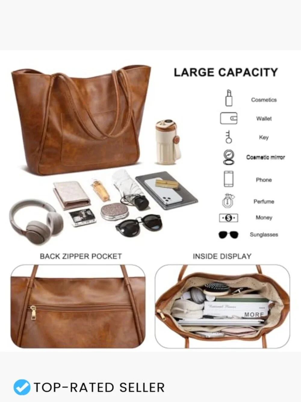 Large PU Leather Tote Bag with Zipper Work Travel Purse Spacious Shoulder